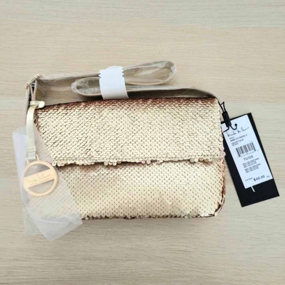 NWT Nicole Miller Gold Sequin Shoulder Bag Metal Logo Purse Strap Luxe